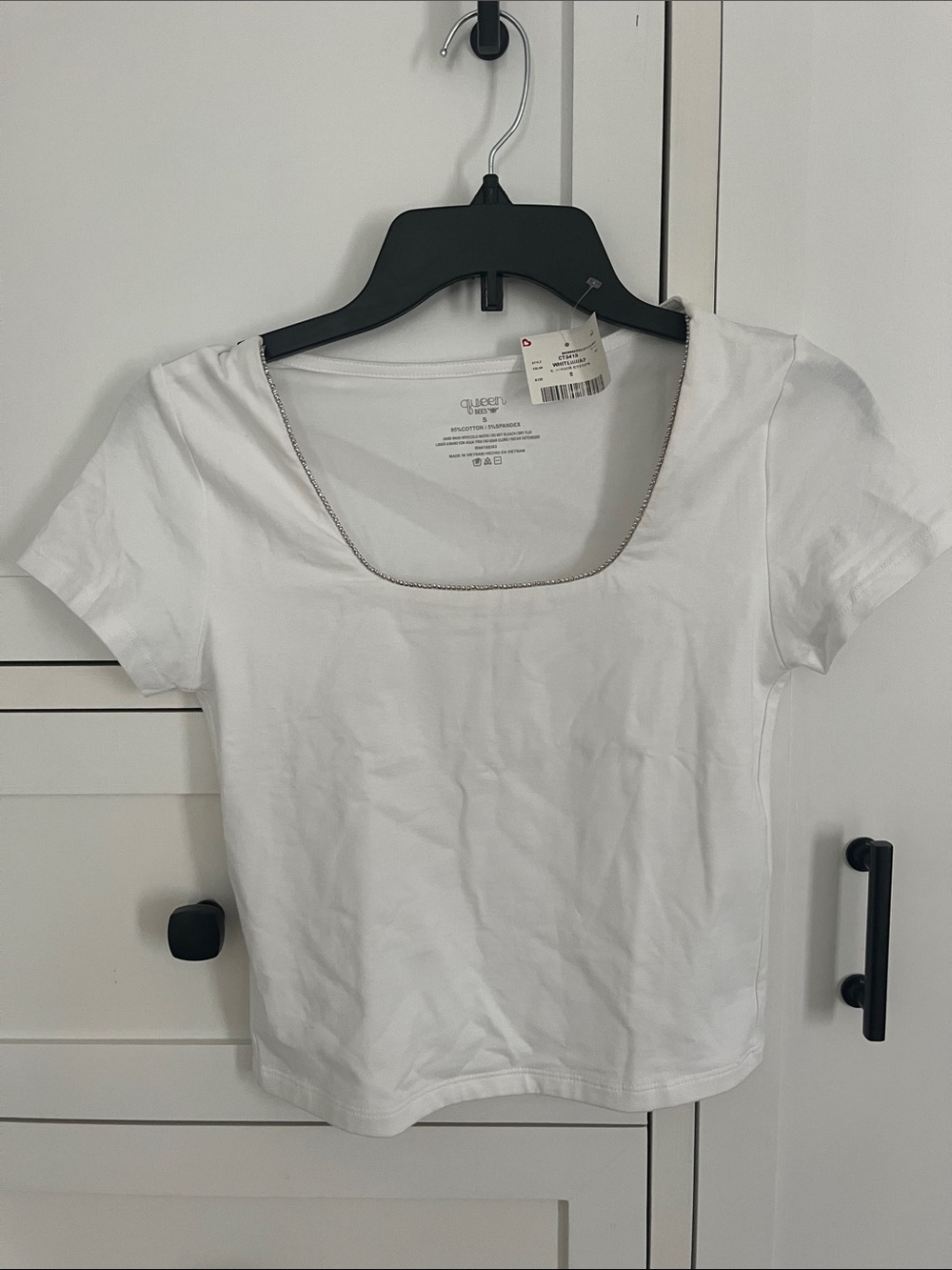 White Short Sleeve Scoop Neck Tee with Rhinestone Trim
